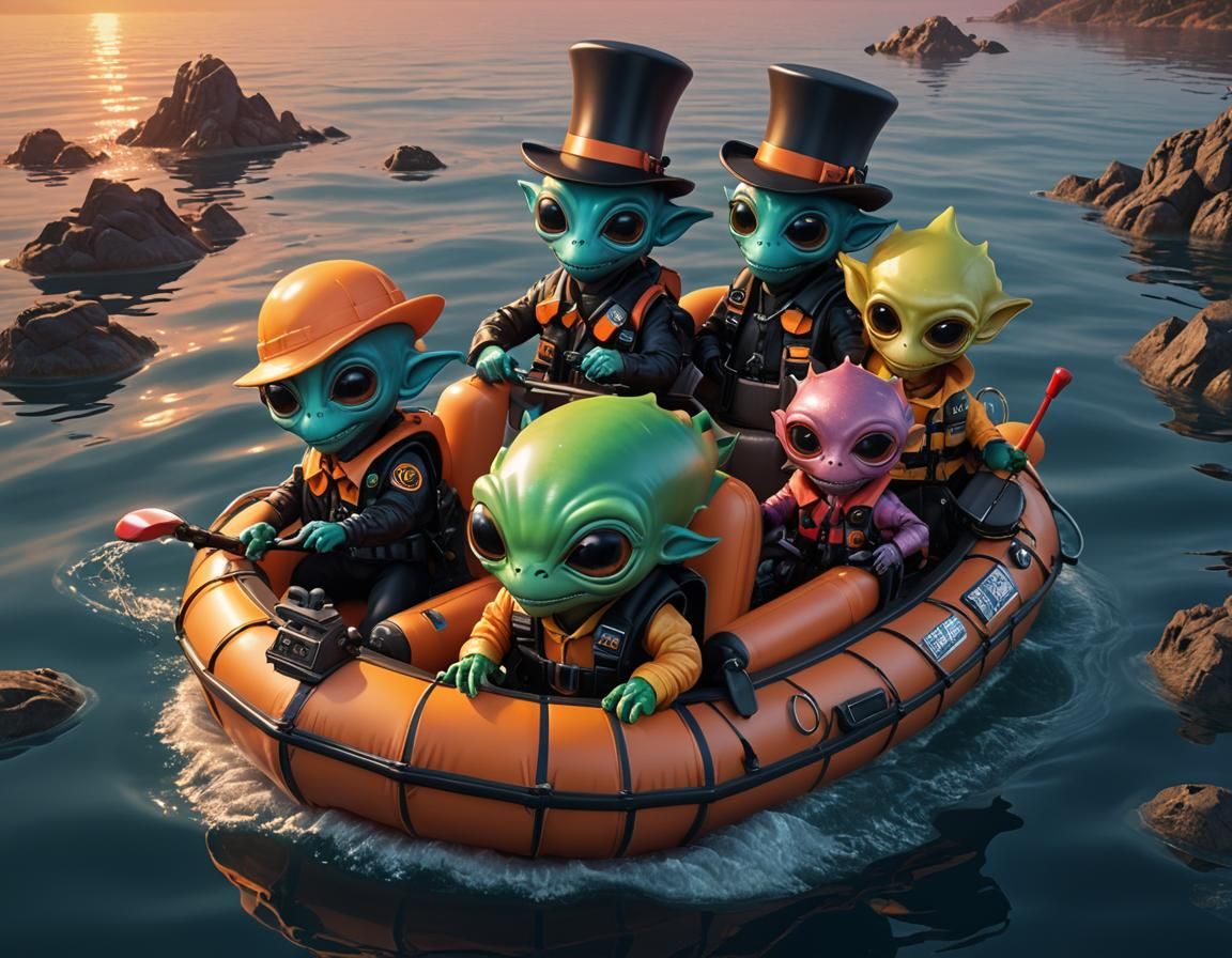 Aliens in a Boat at Sunset: Hyperrealistic Fantasy Art