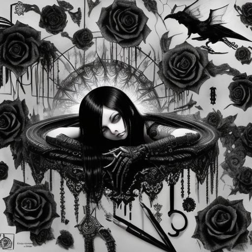 Gothic Woman in Pain: Surreal Crayon Drawing