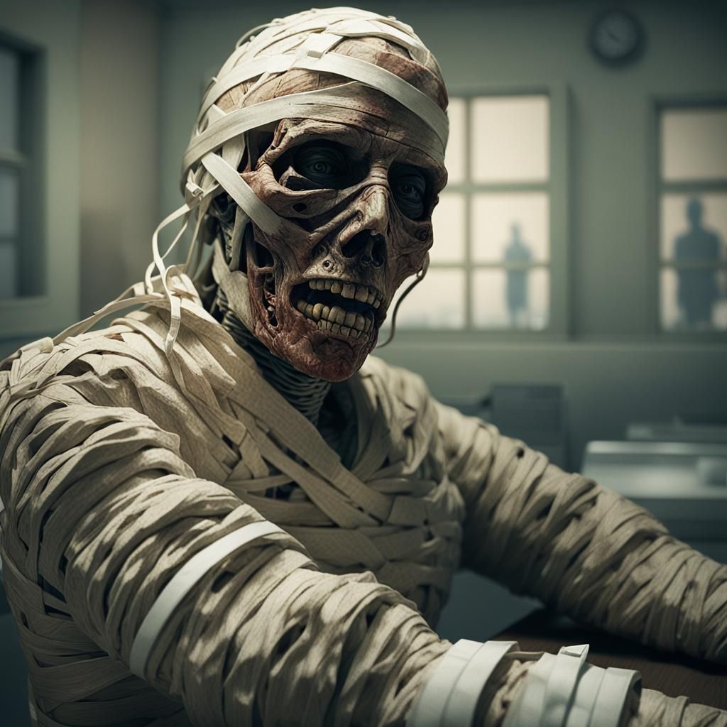 Traumatic Mummy in Straitjacket: Hyperrealistic Horror