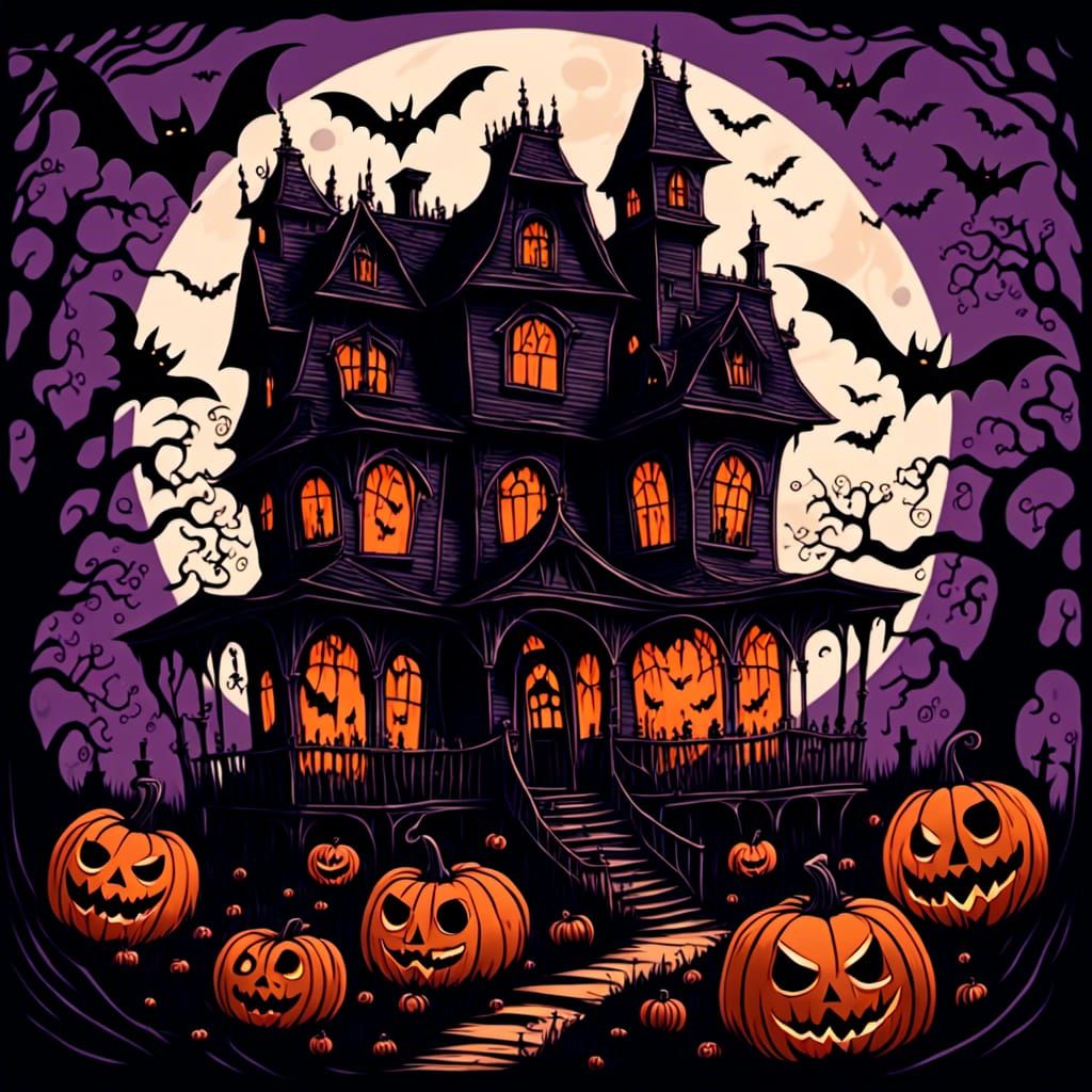 Halloween Storybook Scene with Pumpkins and Bats