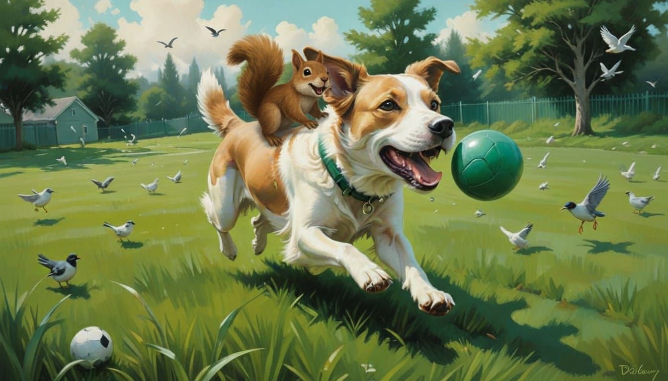 Dadaist Dog Chases Green Football in Pastel Field