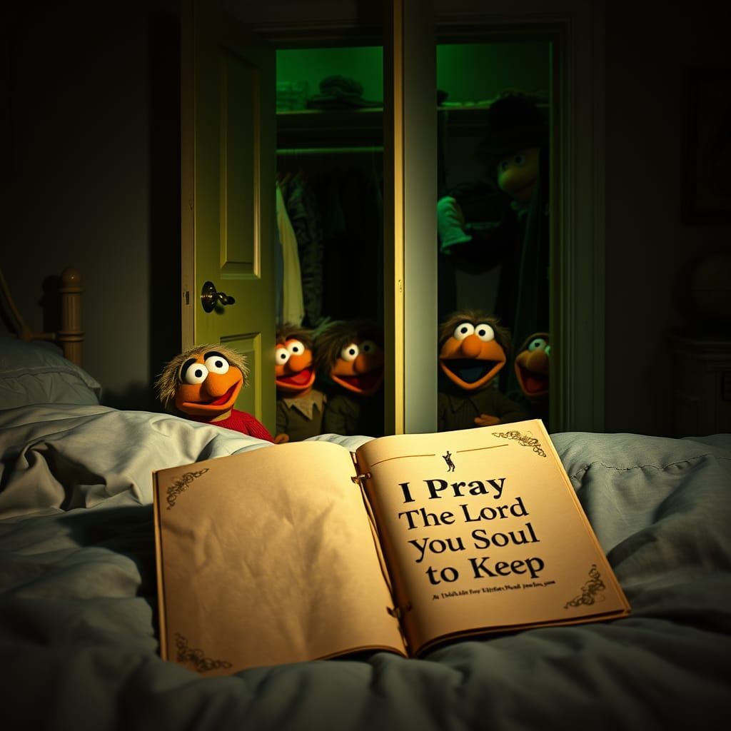 Vintage Bedroom Scene with Muppets and Ominous Golden Book