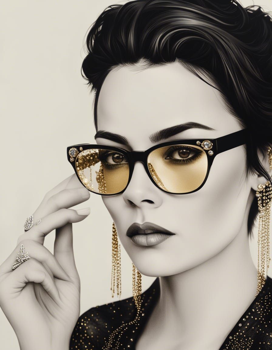 Portrait of Brunette Woman with Retro Rhinestone Glasses