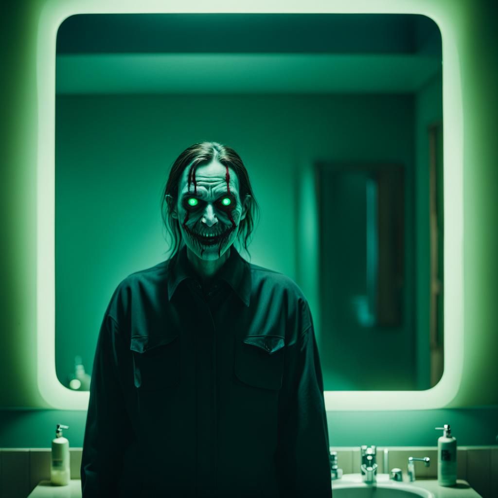 Terrifying Grin Reflected: A Cinematic Horror Scene