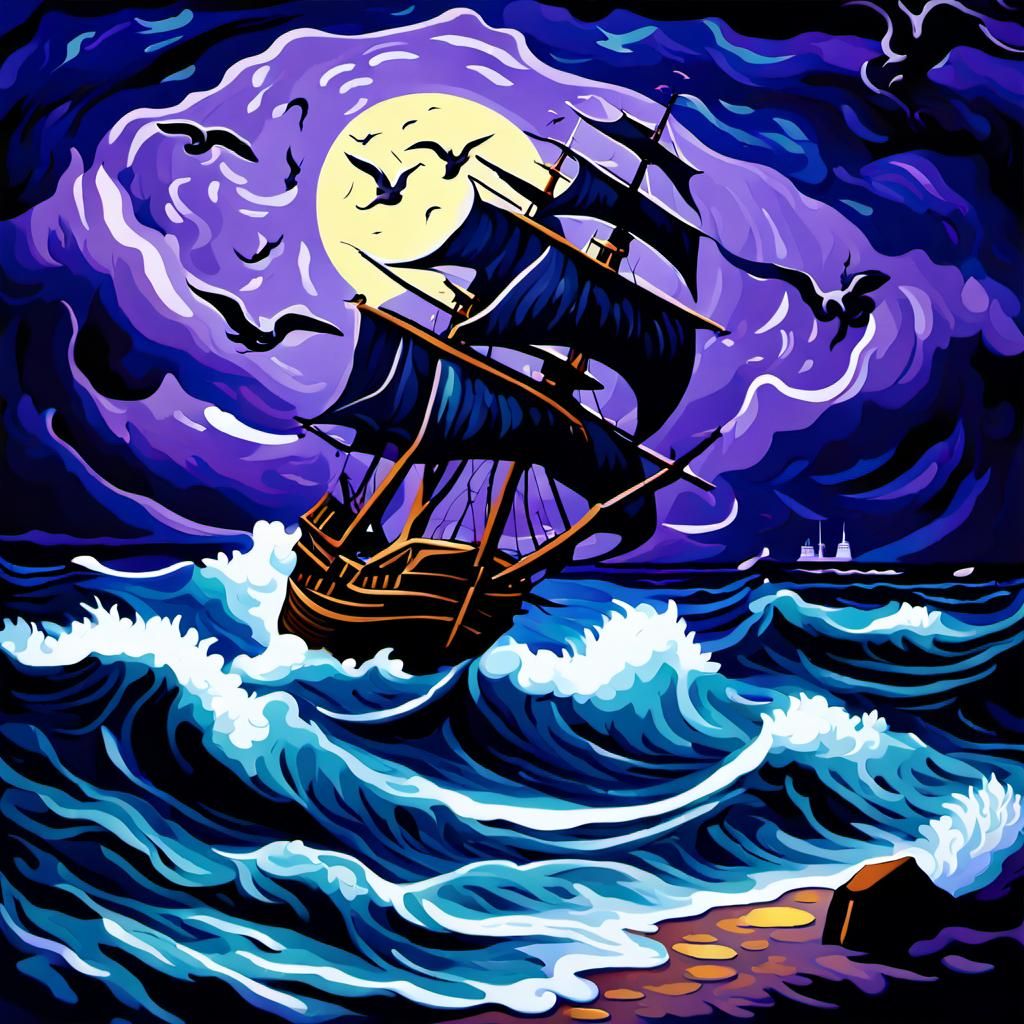 Mystical Starry Night Scene with Ship Emerging from Painting