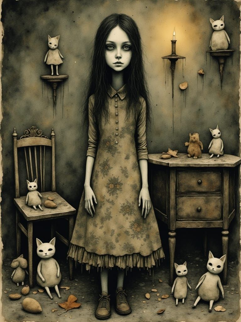 Waif-like Child in Creepy, Victorian Nursery Scene