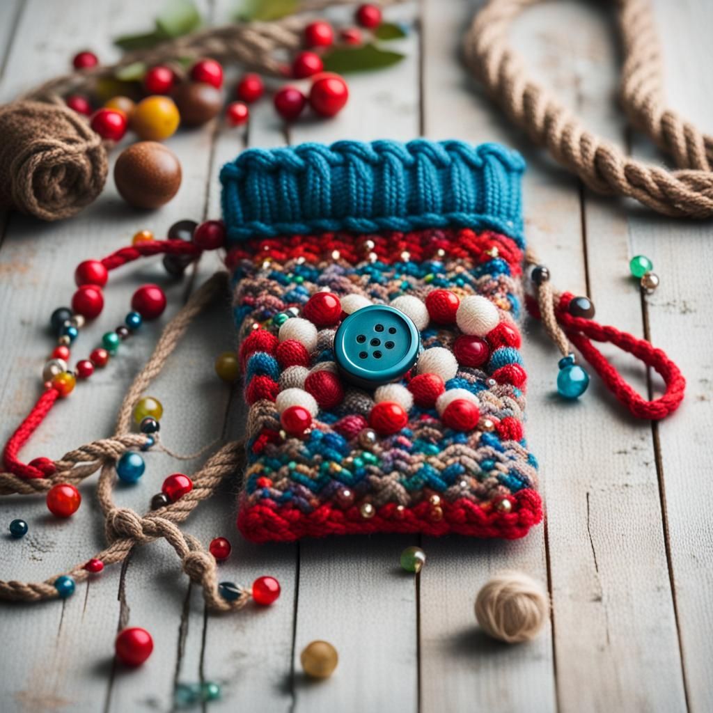 Knitted Phone Bag with Rope and Beads