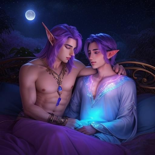 Elf and Lover in Bed Under Moonlit Sky
