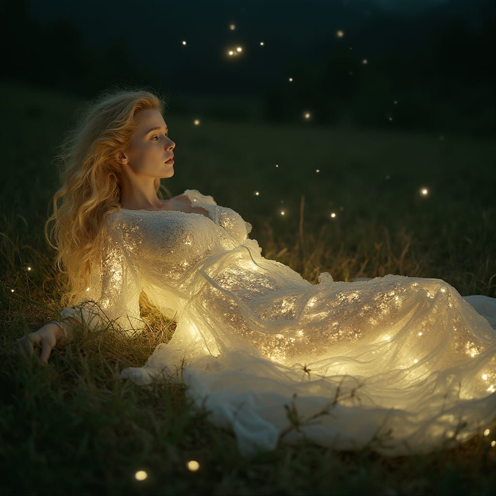 Glowing Woman in Field Inspired by Art Nouveau