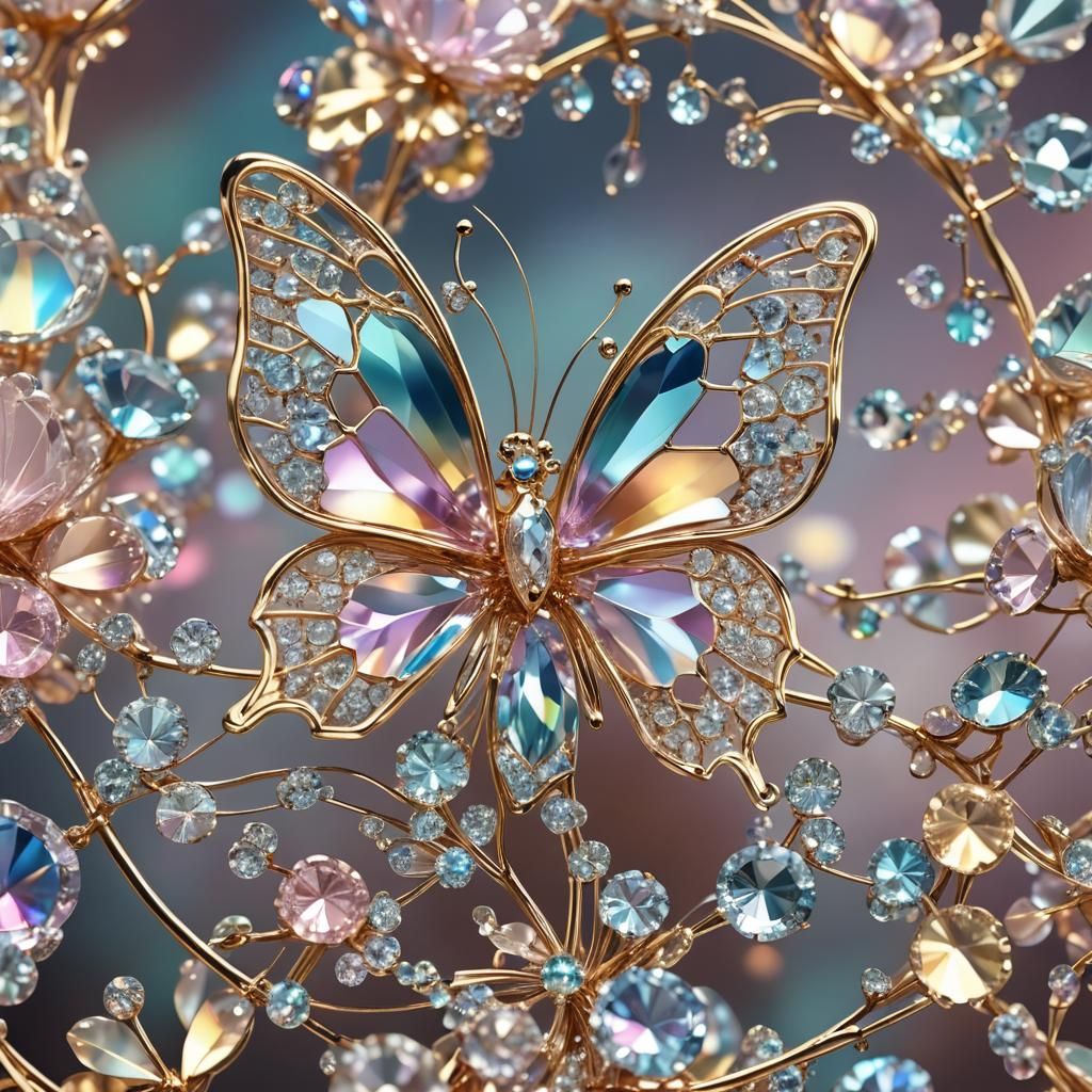 Diamond Butterfly on Gem Flower in Digital Art