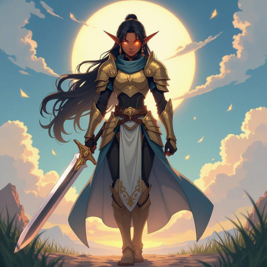 Radiant Dark Elf Anime Warrior in Vibrant Portrait