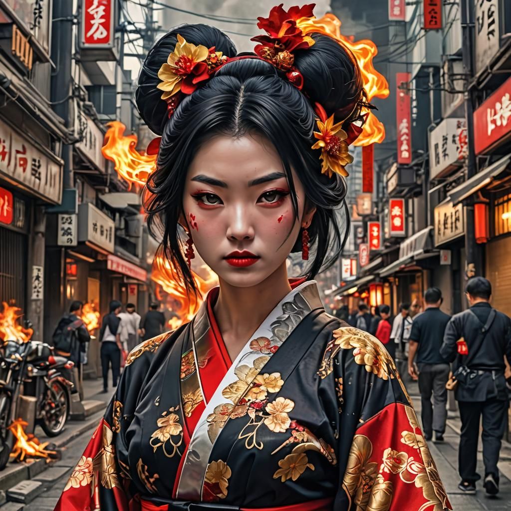 Fierce Swordsgirl in Hibiya Street: Hyperrealistic 4K