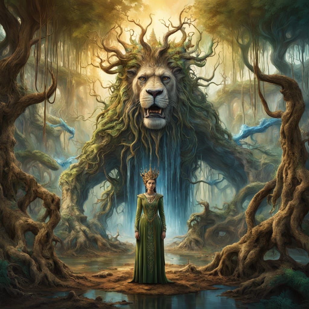 Amazonian Queen Confronts a Colossal Beast in a Surreal Jung...