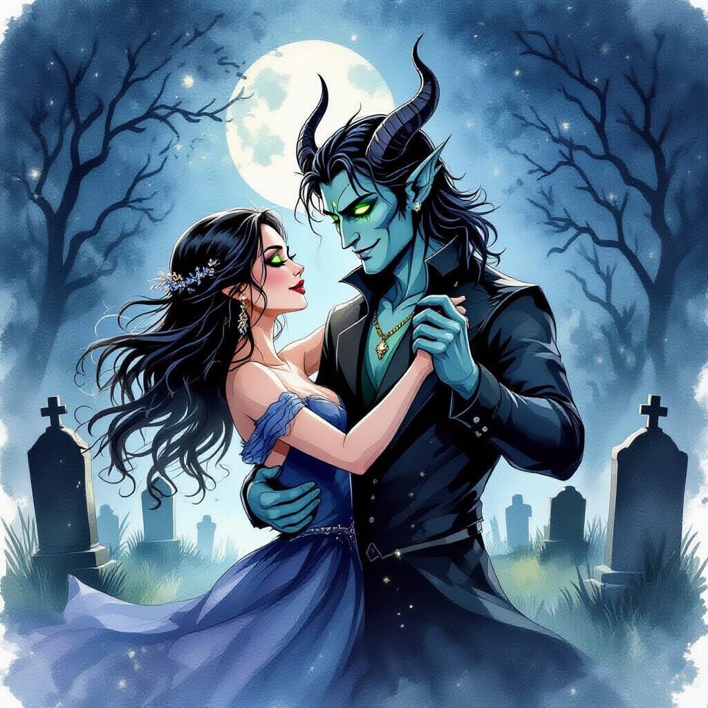 Woman and Demon Dancing in Cemetery, Watercolor Style