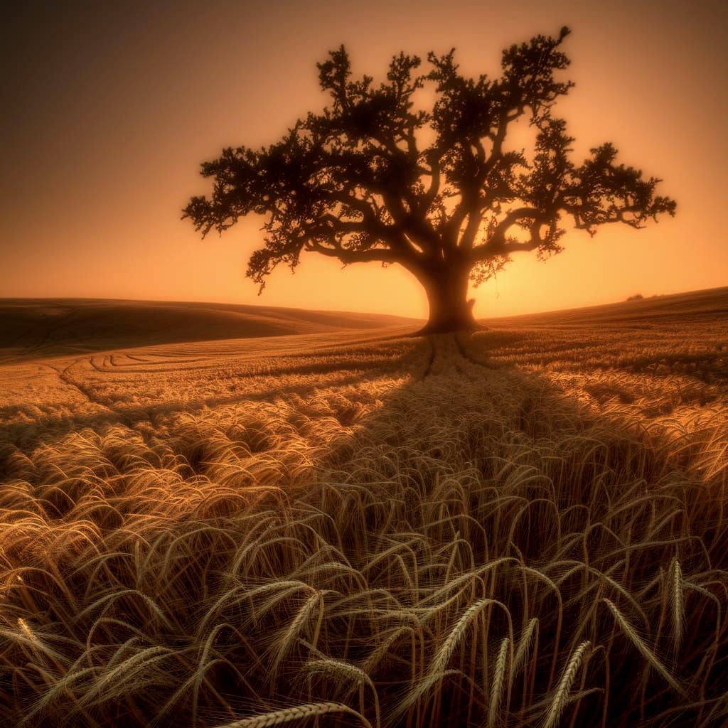 Ancient Oak Tree in Golden Sunset Field