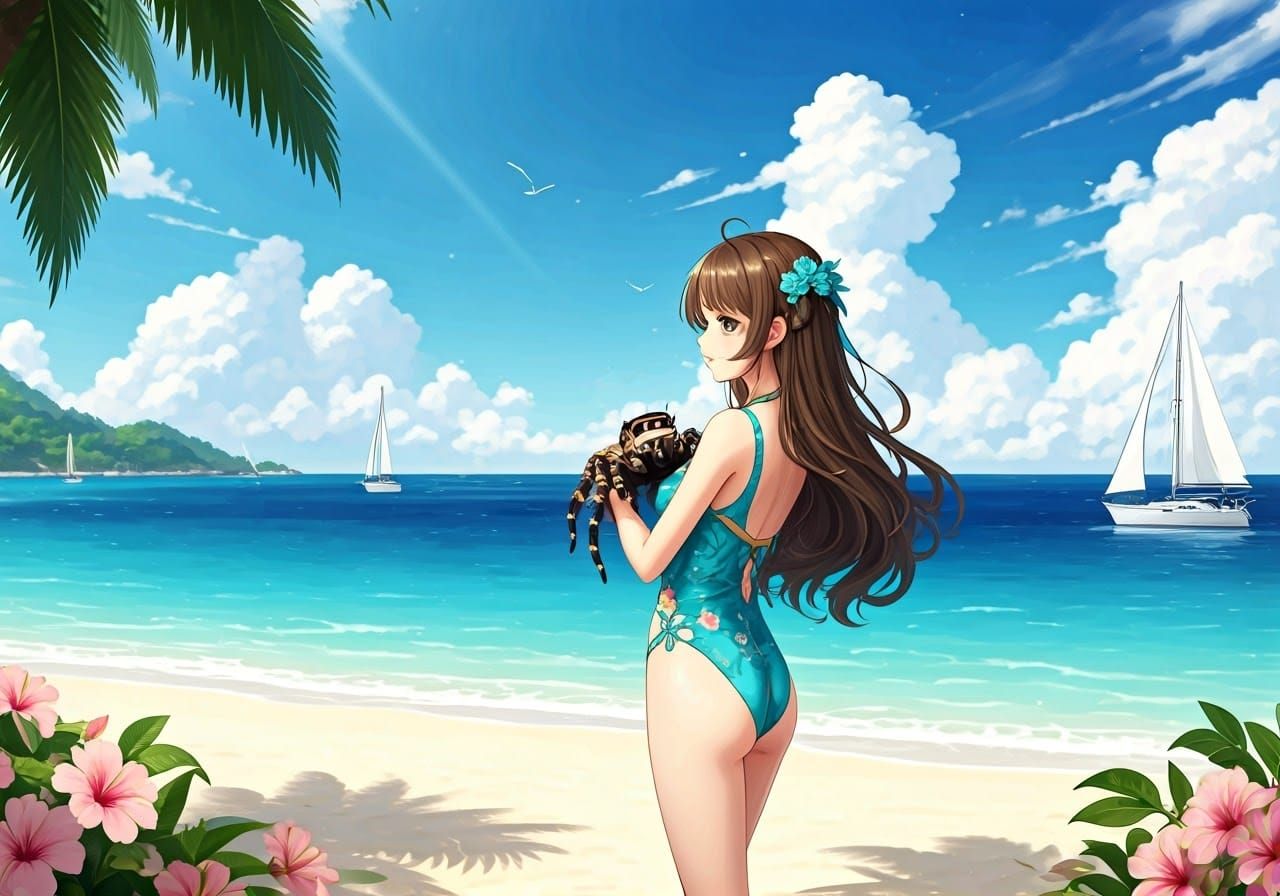 Anime-Inspired Beach Scene with Vibrant Woman and Pet Spider