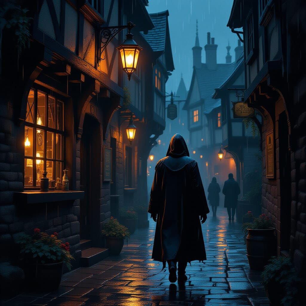 Mysterious Hooded Figure Enters Lantern-Lit Medieval Alley