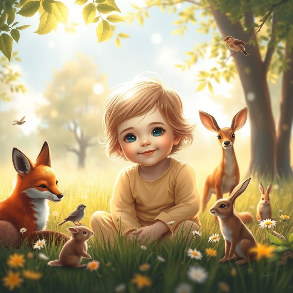 Child with Rescued Animals in Sunlit Meadow