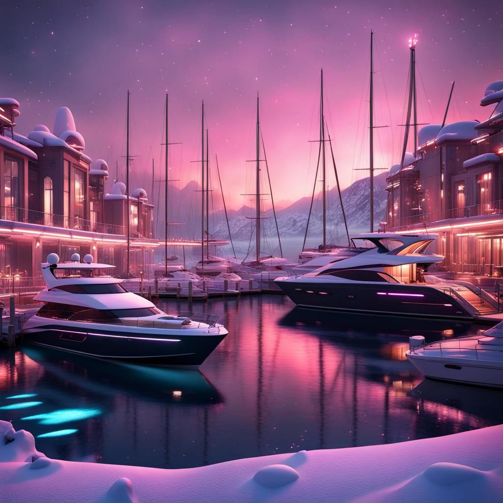 Modern Marina in Snow with Christmas Lights