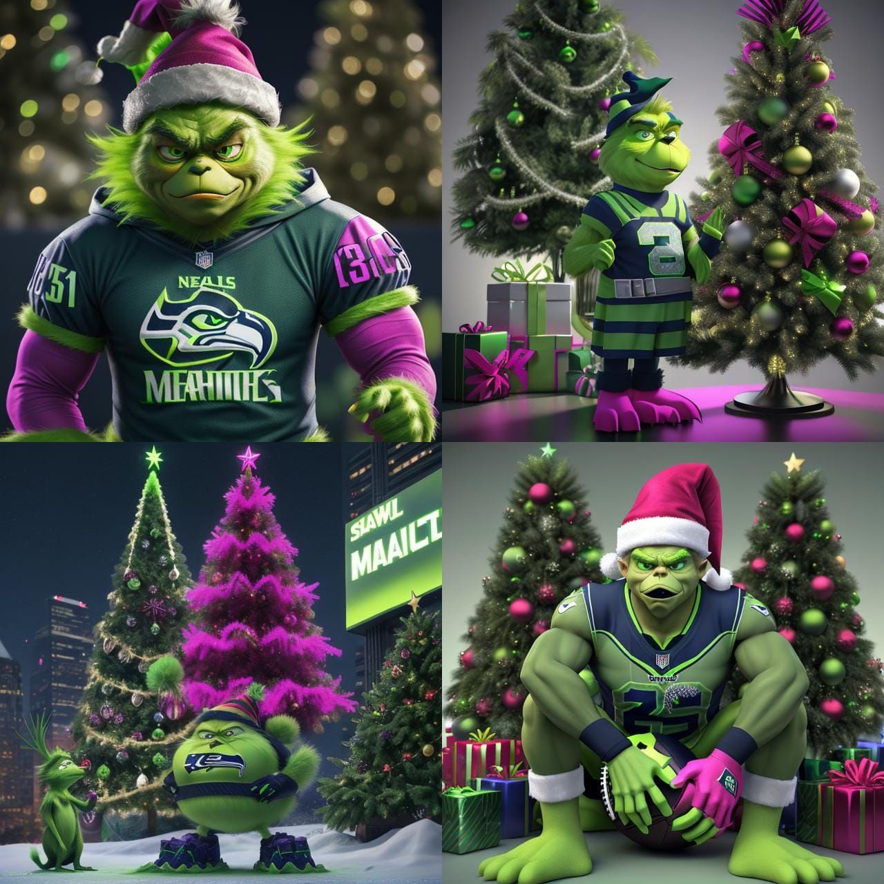 Grinch Celebrates Seahawks Christmas in Cyberpunk Style