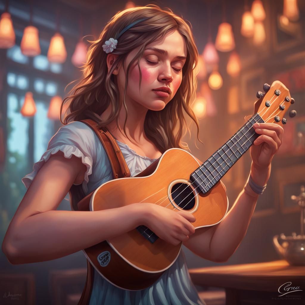 Passionate Teenage Girl Plays Ukulele: Hyperdetailed Portrai...