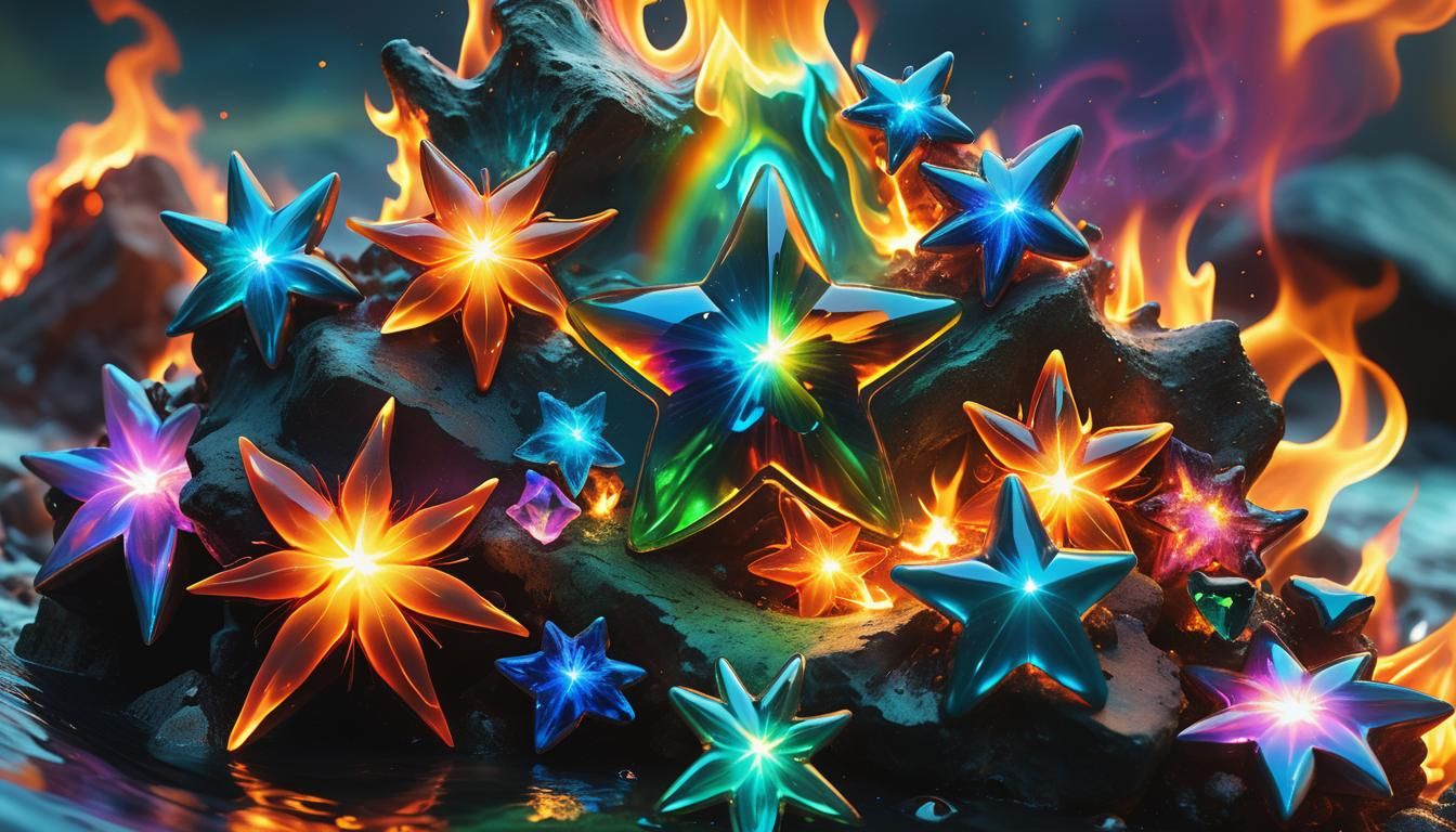 Rainbow Fire Star Gemstone in Fantasy Landscape
