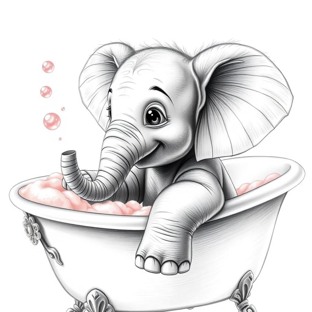 Surreal Black and White 8K Sketch of Baby Elephant in Luxuri...