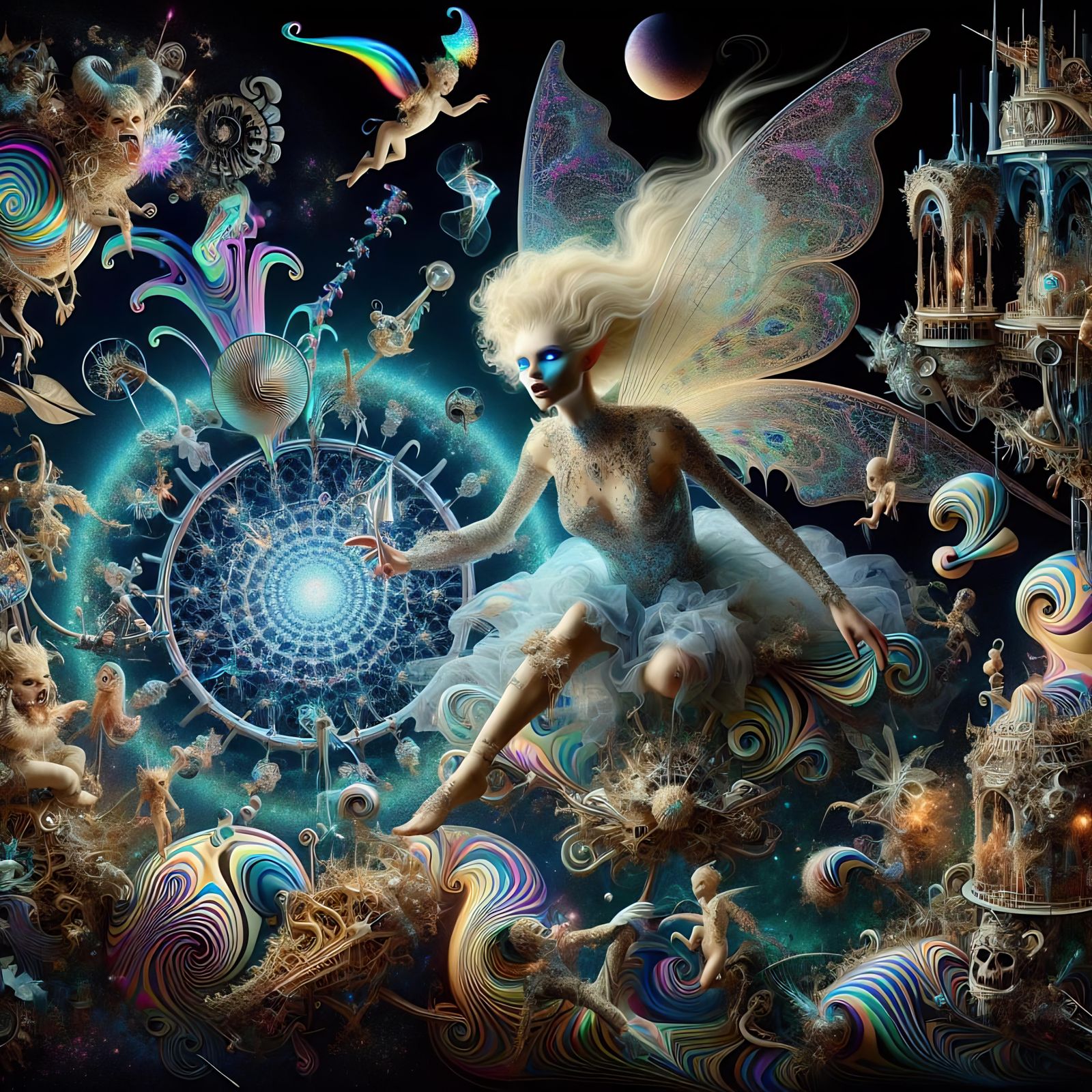 Surreal Horror Pixie in Steampunk-Rococo Garden