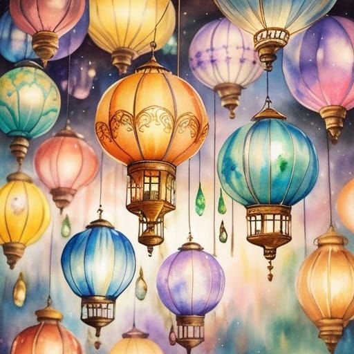 Fantasy Lantern World in Glass Balloon, Watercolor