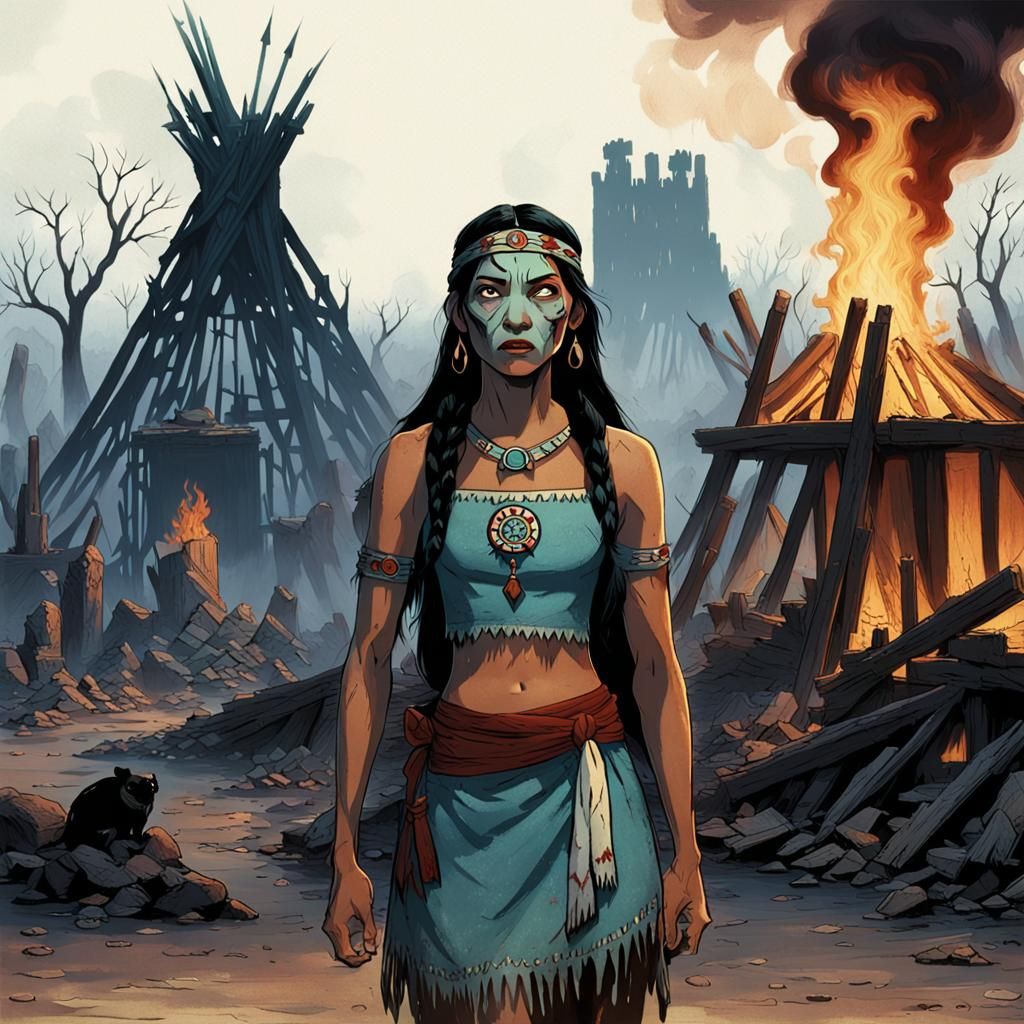 Zombie Pocahontas in Dystopian Disney Ruins