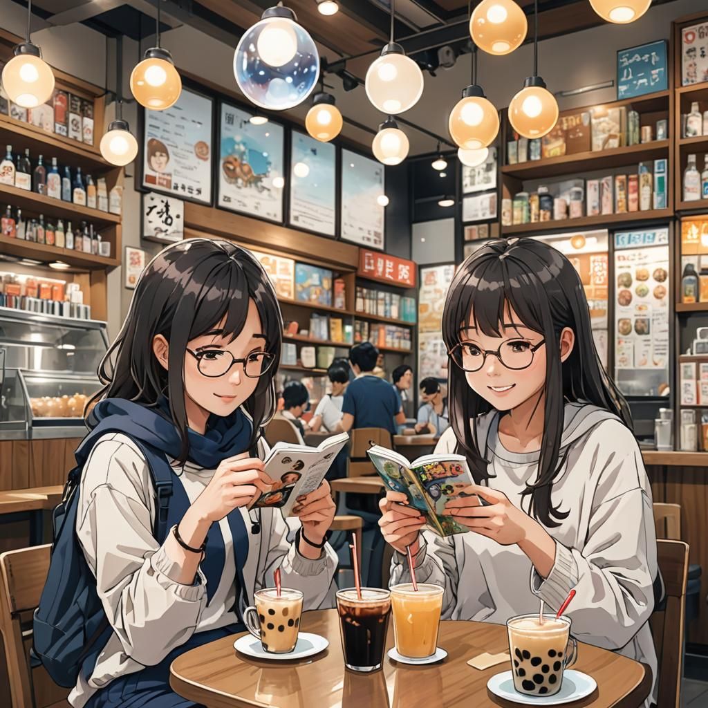 Friends Enjoying Bubble Tea and Comics in Anime Style