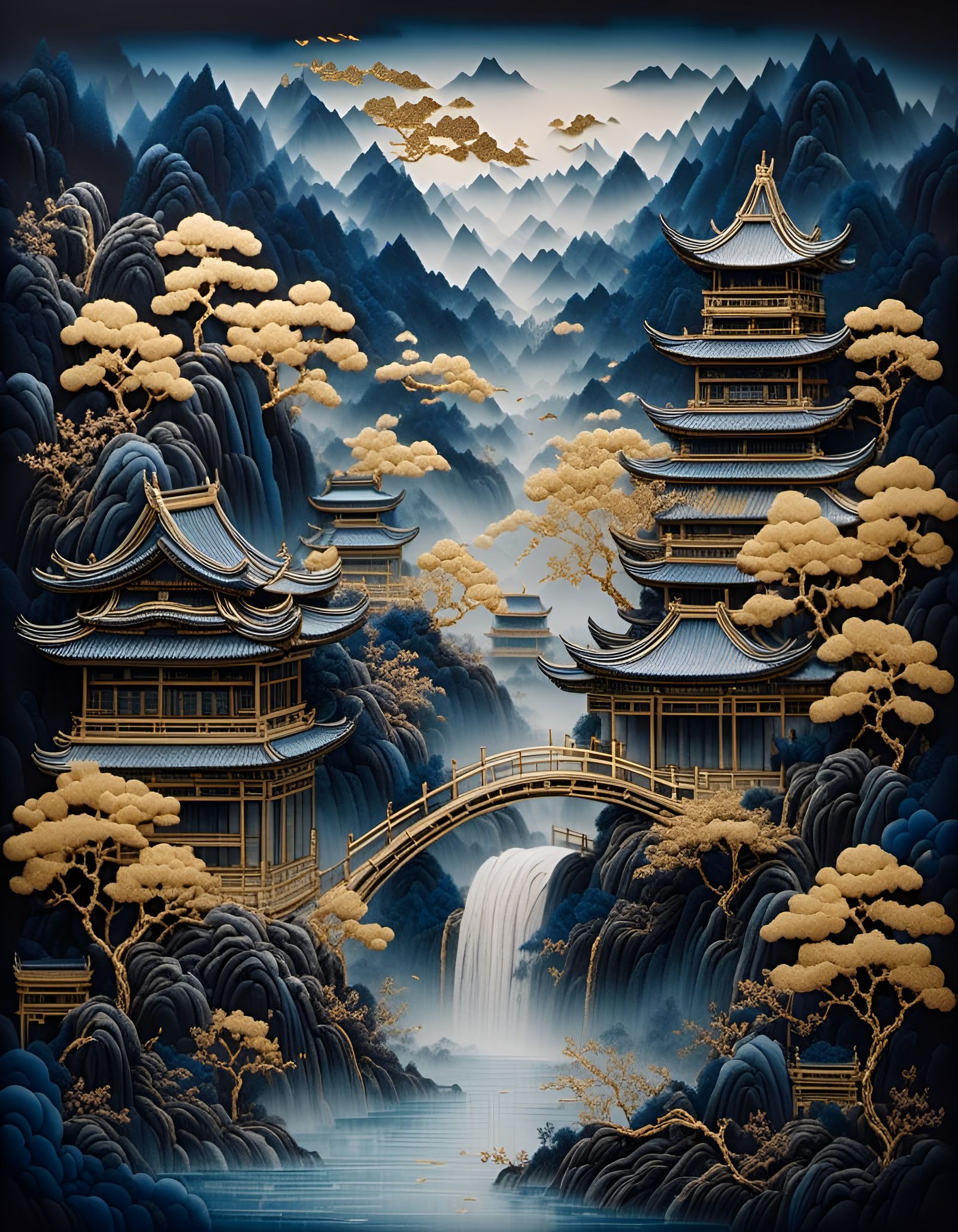 Misty Mountains Waterfall in Embroidery Style