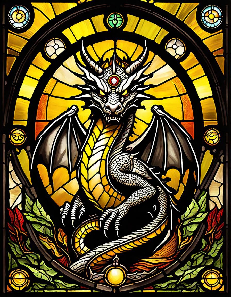 Stained Glass Three-Eyed Dragon in Dark Fantasy Style