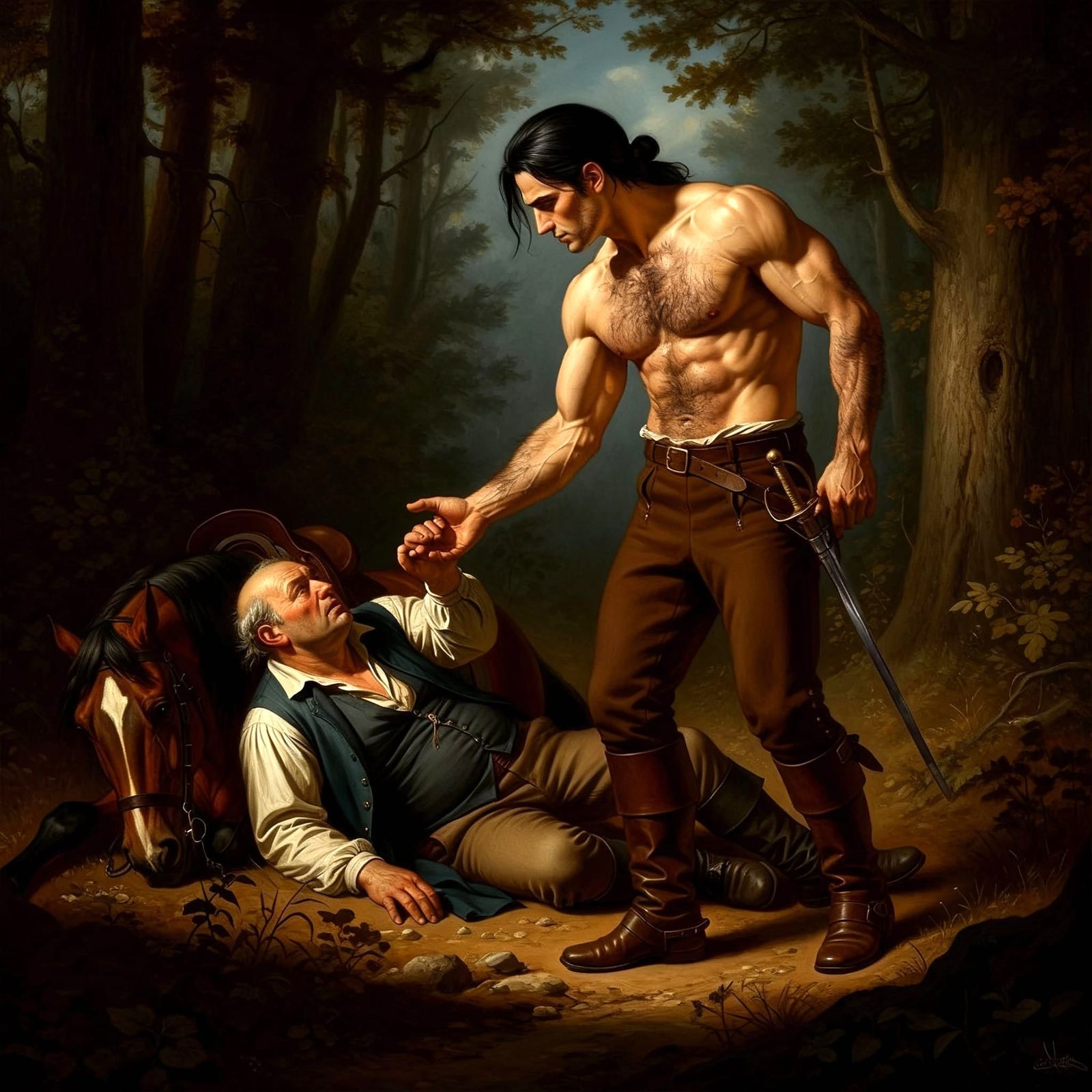 Gaston Discovers Maurice Fallen in 18th Century French Woods
