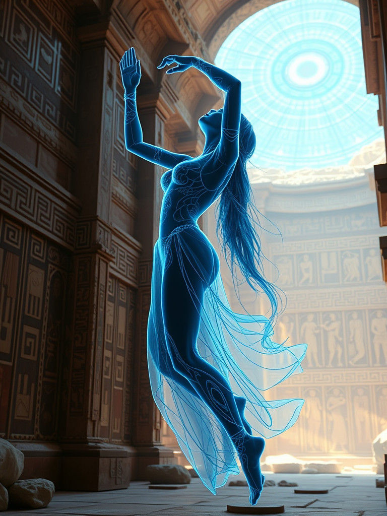 Futuristic Hologram Goddess in Ancient Ruins