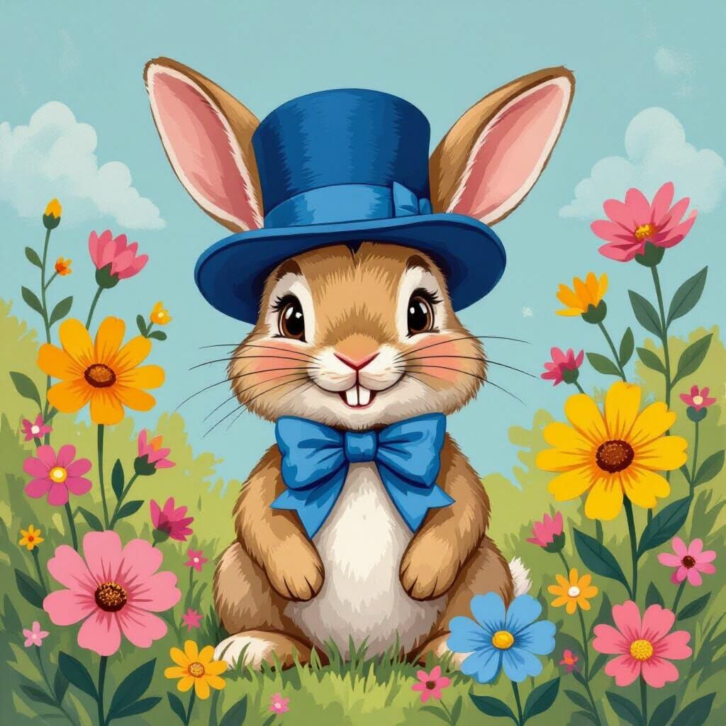 Cheerful Benny Bunny in Bowler Hat, Whimsical Illustration