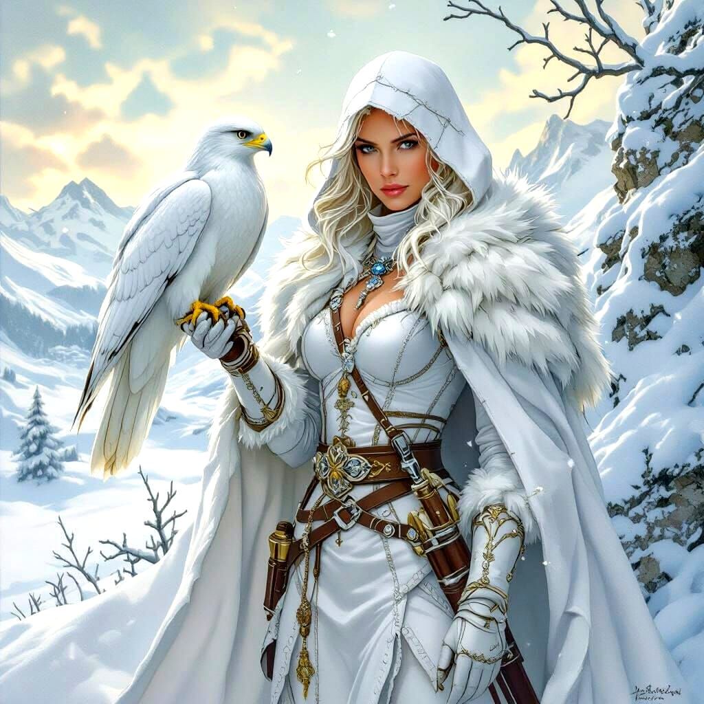 Ice Goddess Huntress with Falcon in Winter Landscape