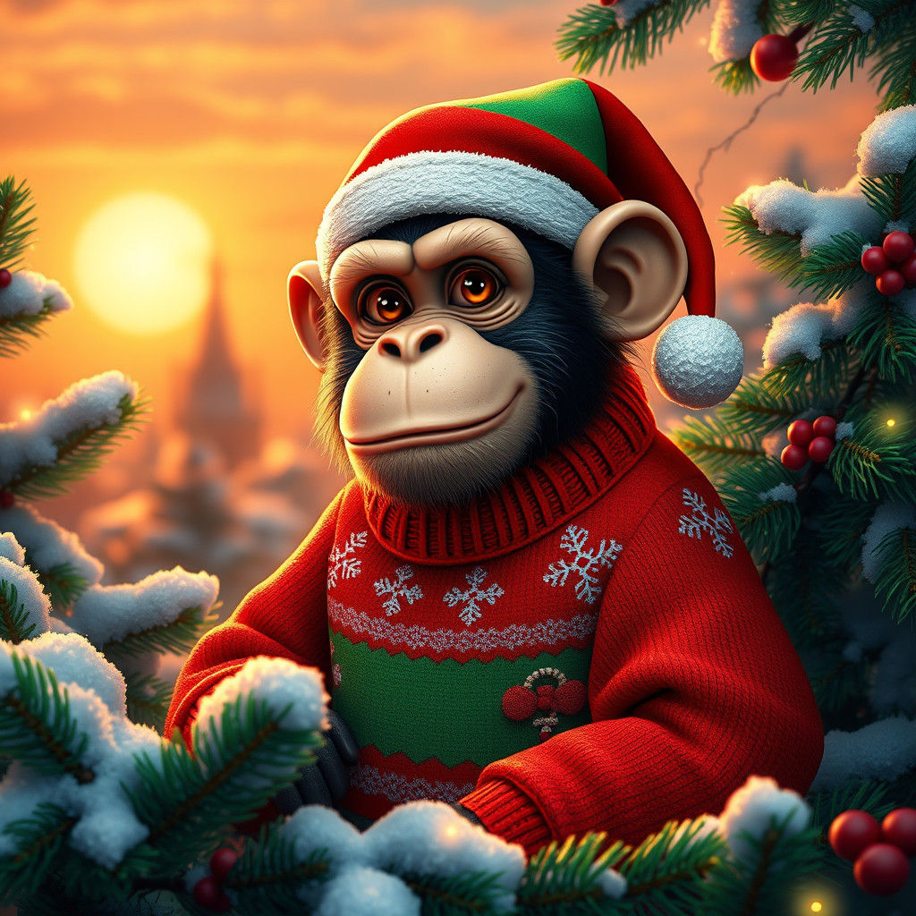 Christmas Monkey in Animated Concept Art Style