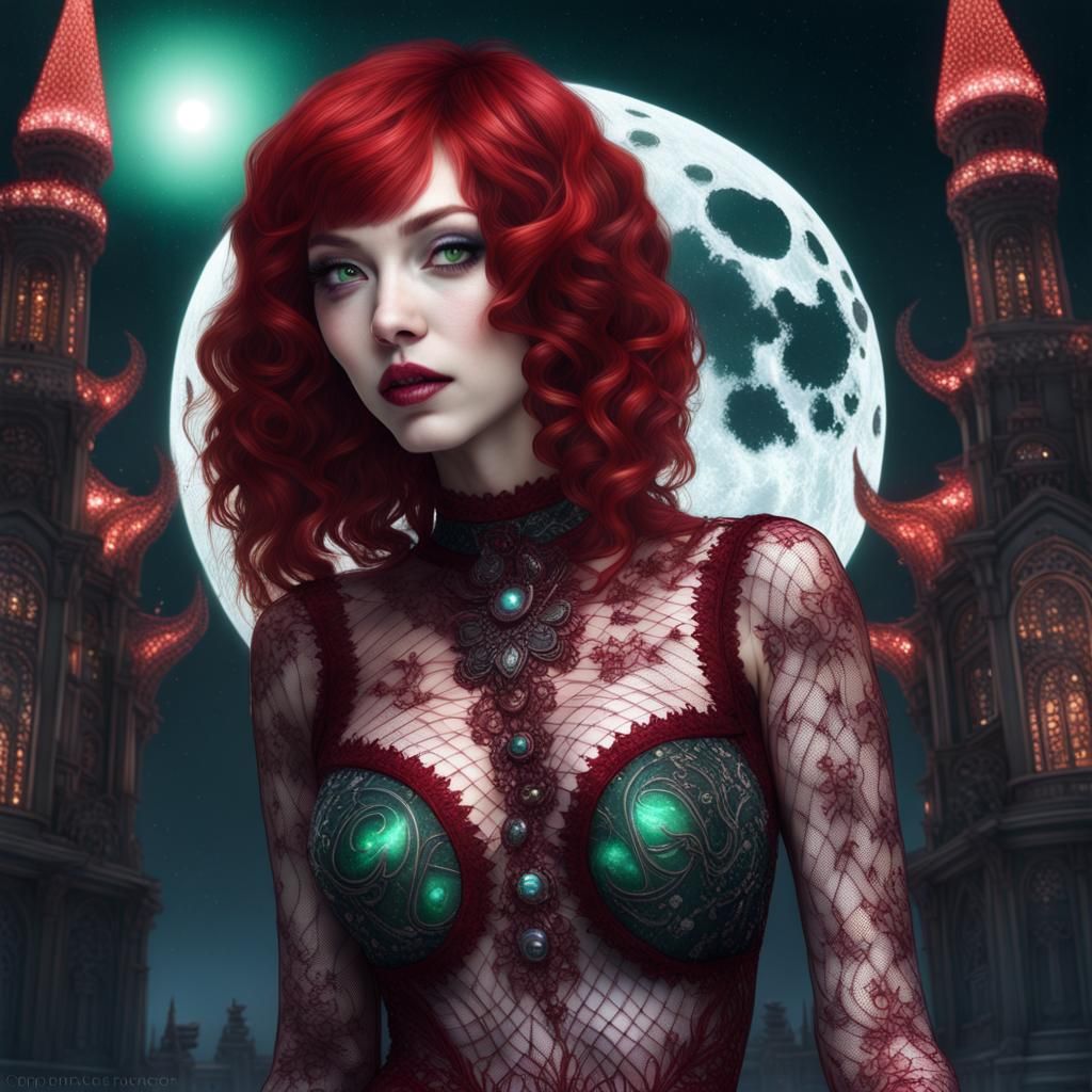 Beautiful Moon Demon with Red Hair in Galaxy Space