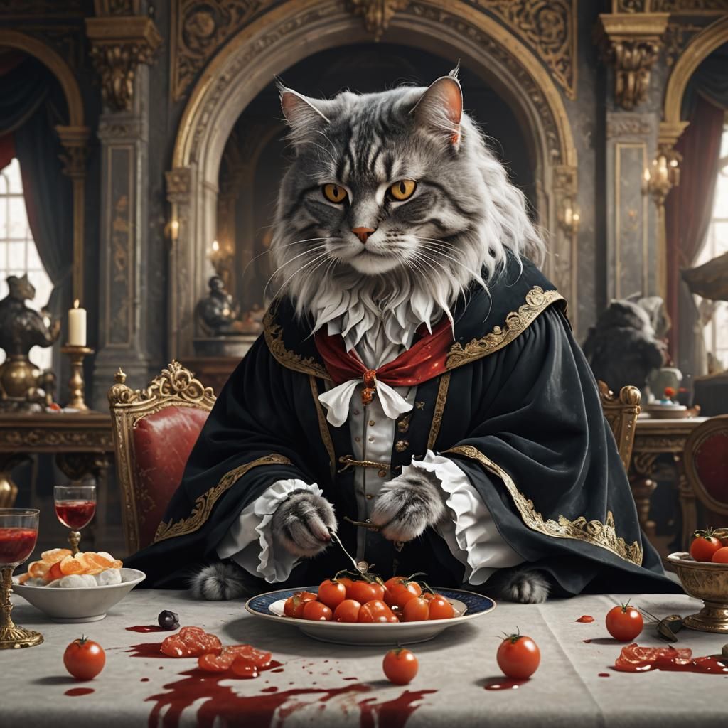 Noble Cat in Royal Robe Enjoying Tomatoes