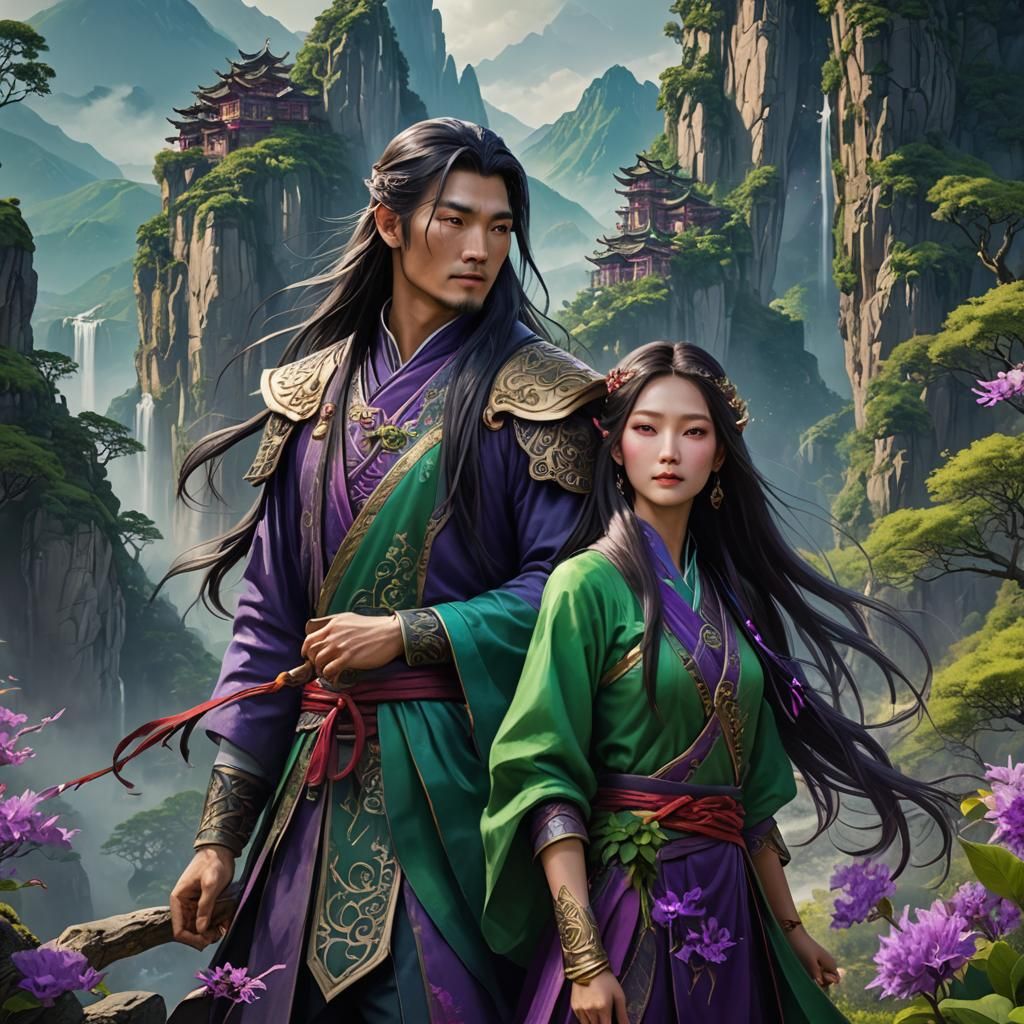 Romantic Xianxia Couple in Detailed Fantasy Landscape