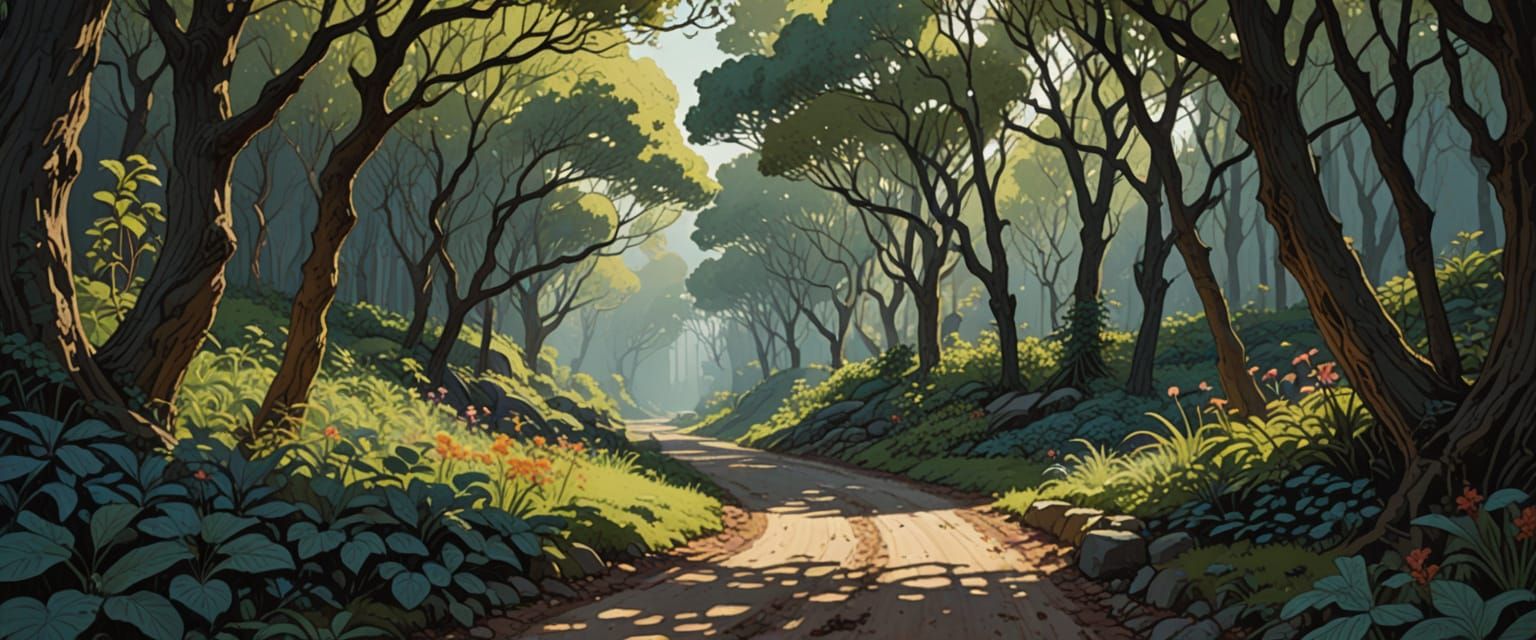 Soulful Journey on a Forest Path with Tropical Flora