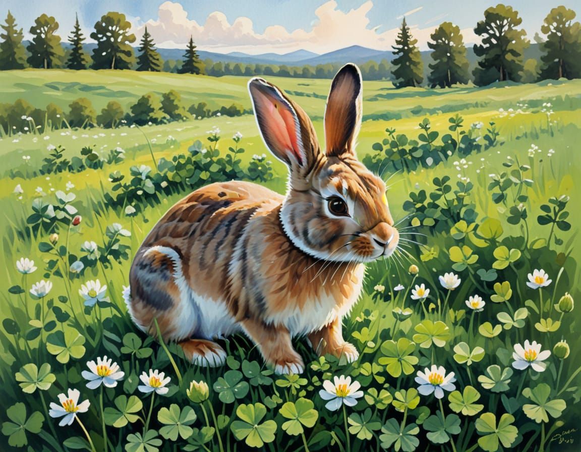 Bunny in Clover Field: A Gouache Painting