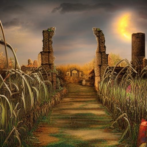 Corn Maze Envelops Antique Ruins in Hyperrealistic Art