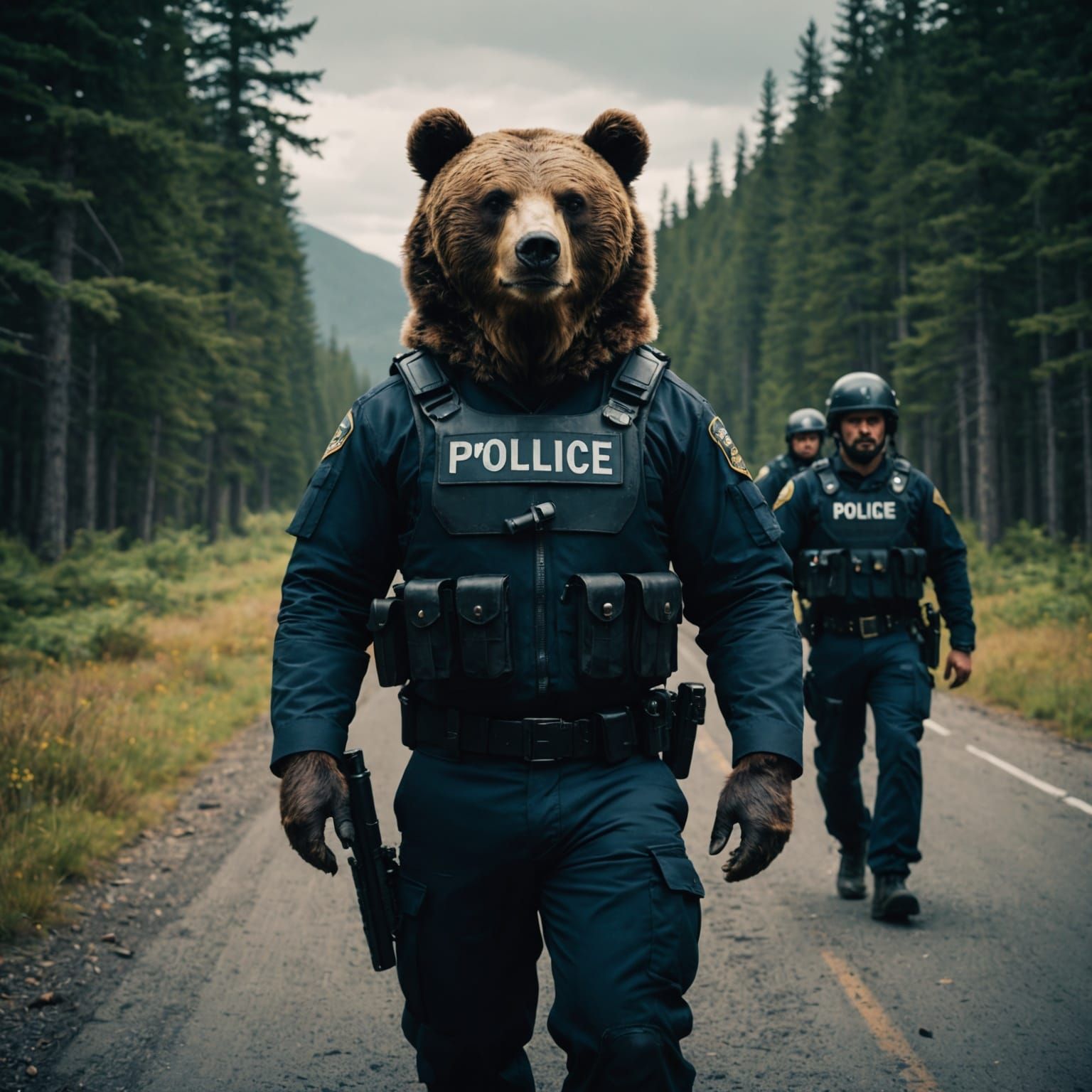 Bear Police in Cinematic Film Still