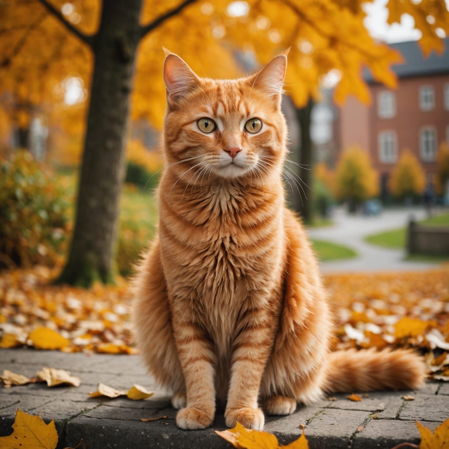 Ginger Cat in Beautiful Autumn Landscape