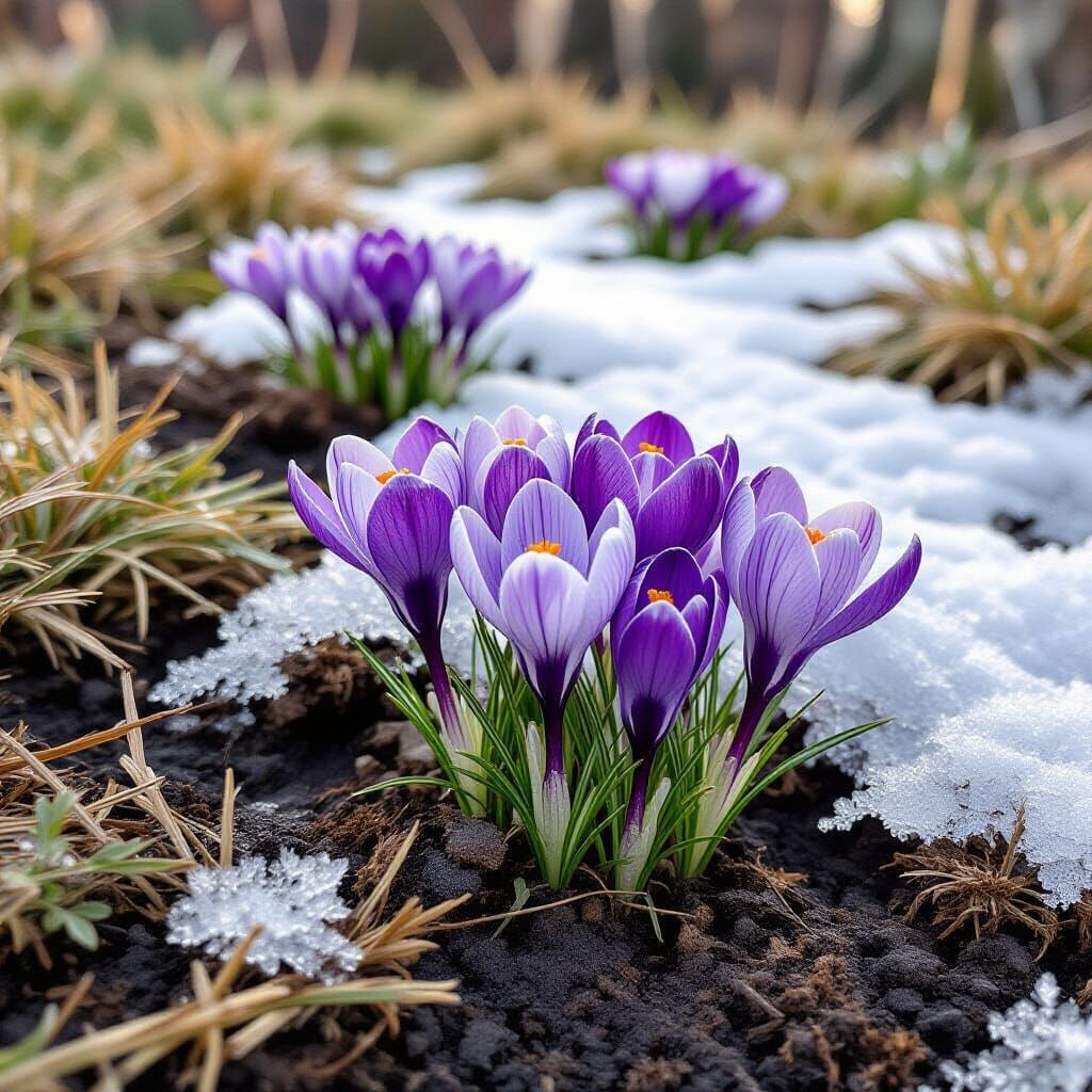 First Crocuses Emerge After Melting Snow
