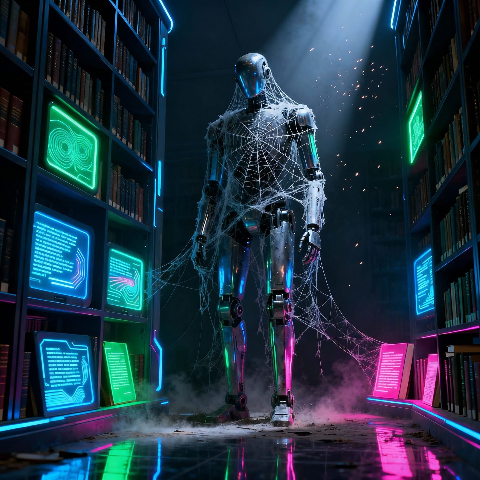Robot Librarian in Futuristic Neon Library