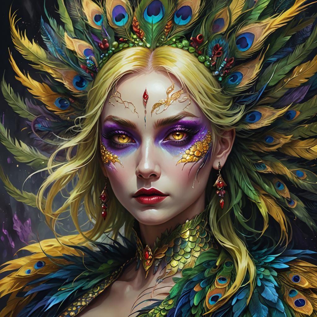 Dragon Peacock Woman Portrait in Dark Fantasy Style