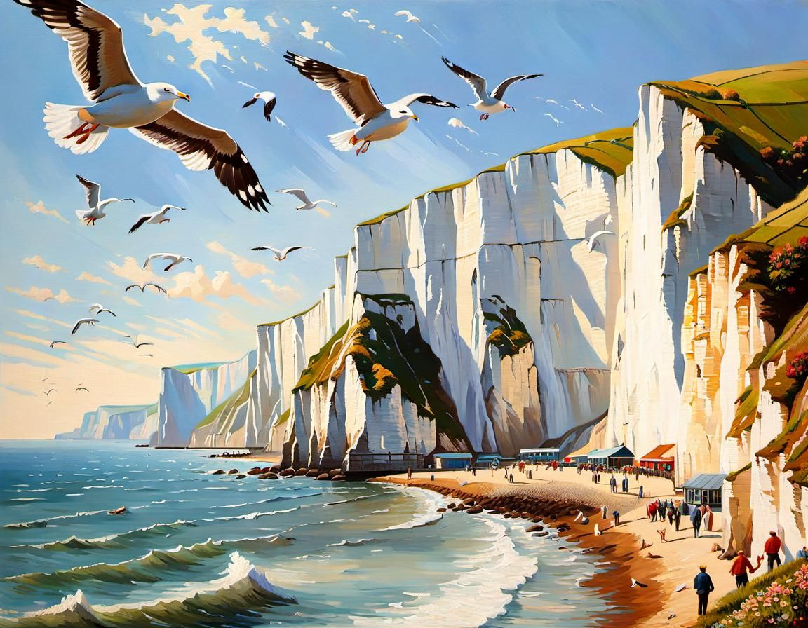 White Cliffs of Dover: An Oil Painting with Seagulls